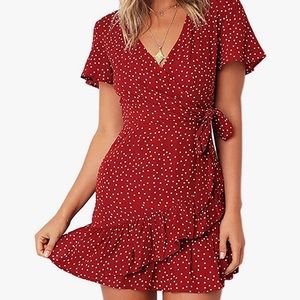 red polka dot wrap dress